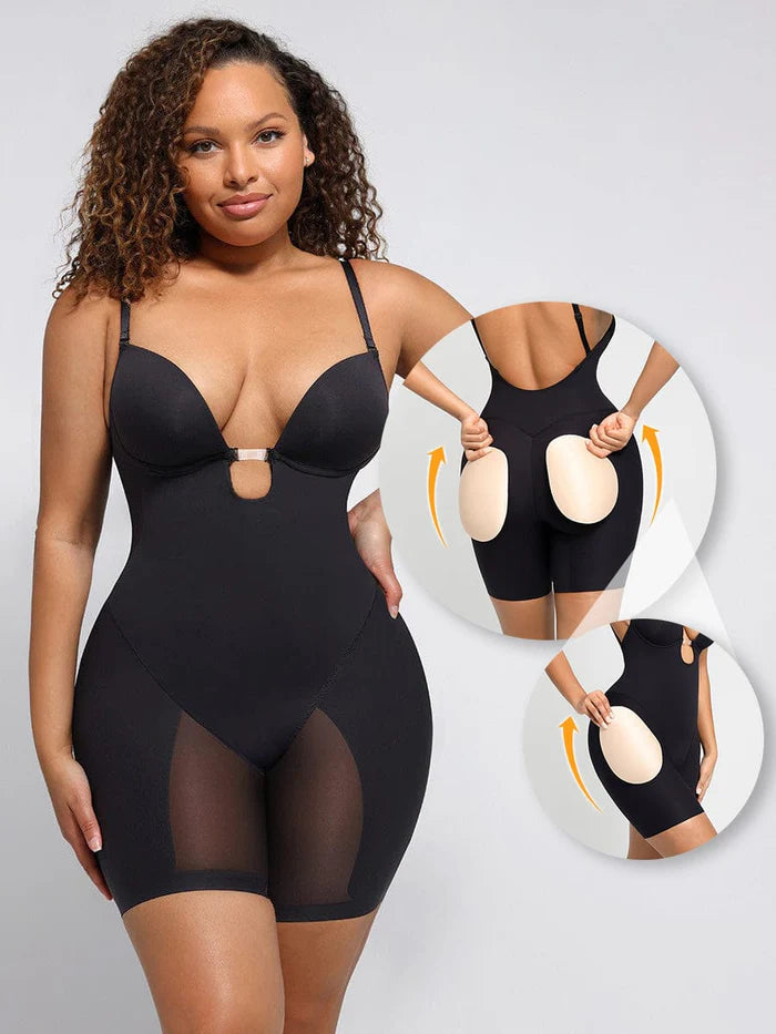 Plunge Low-Back Mid-Thigh Shapewear With Removable Butt And Hips Pads