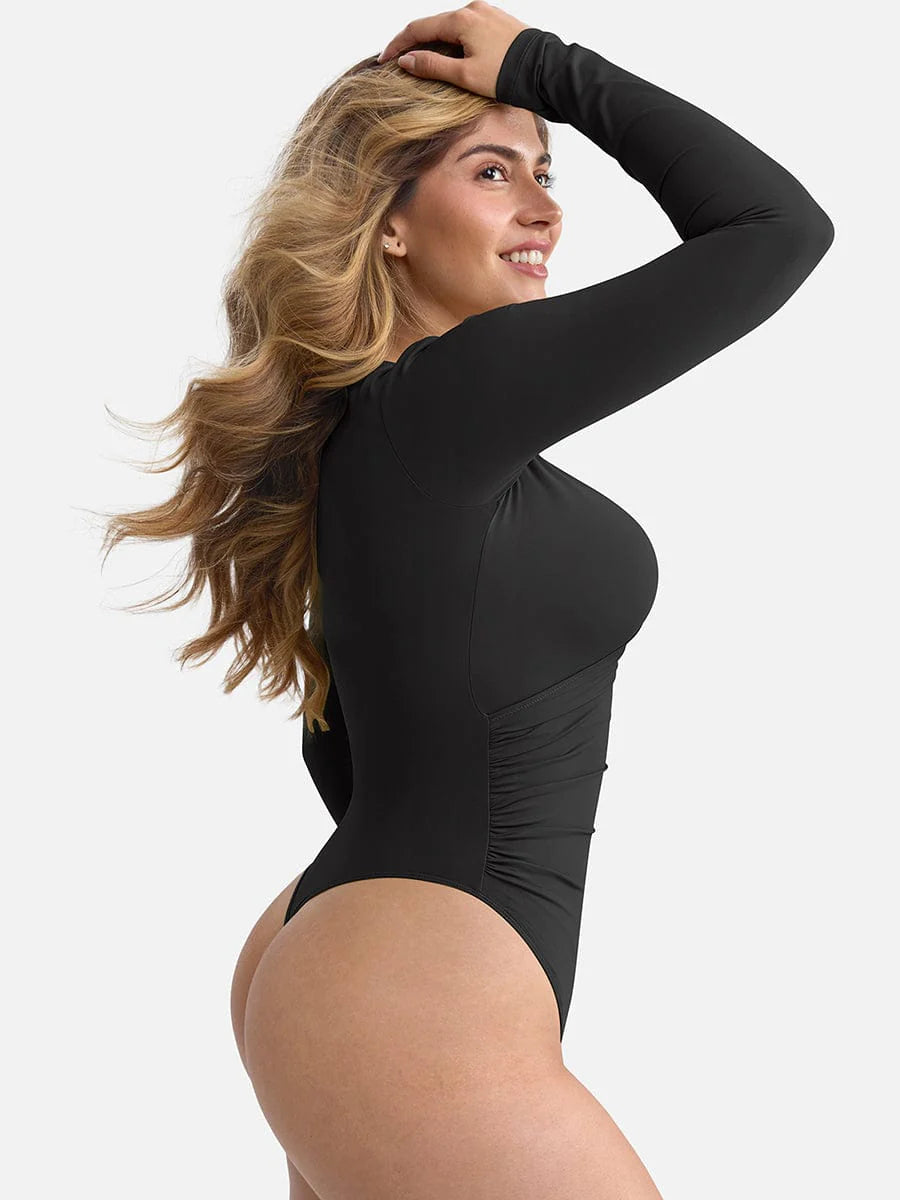 Sexy V-neck Overlapping pleated Waist and Tummy Control Antibacterial Crotch Bodysuit