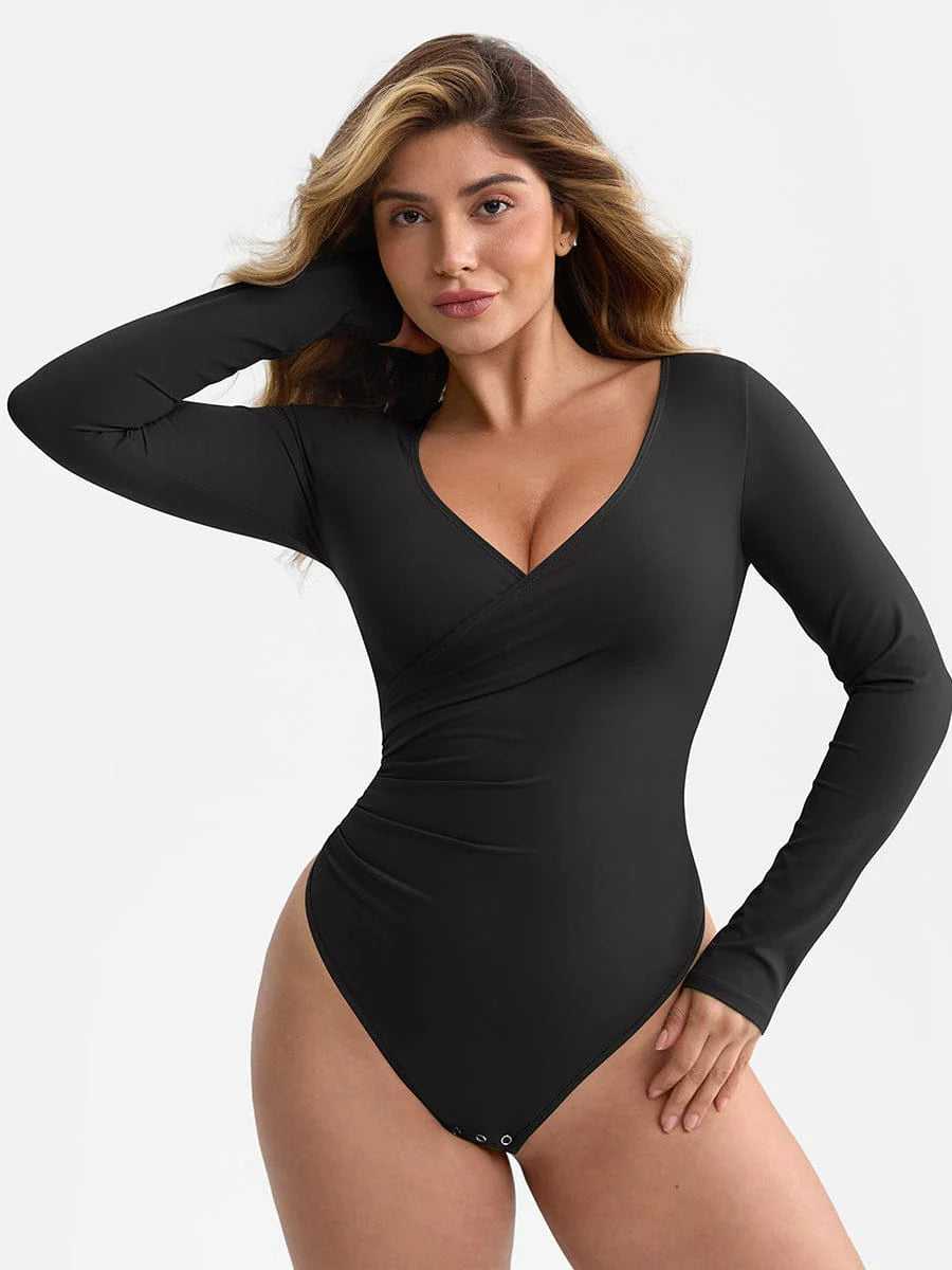 Sexy V-neck Overlapping pleated Waist and Tummy Control Antibacterial Crotch Bodysuit