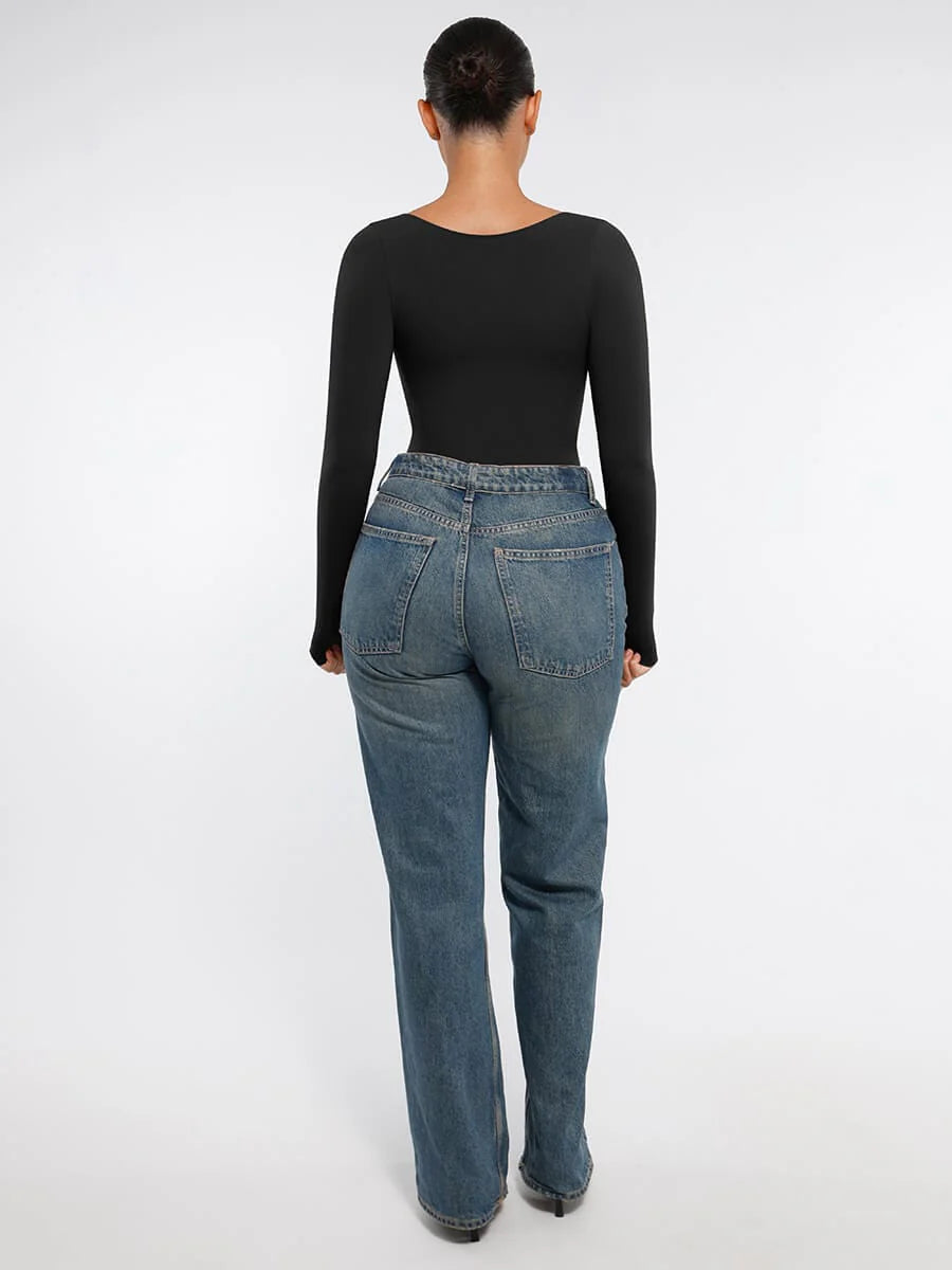 Body Modelador Sem Costuras de Manga Comprida Fio Dental