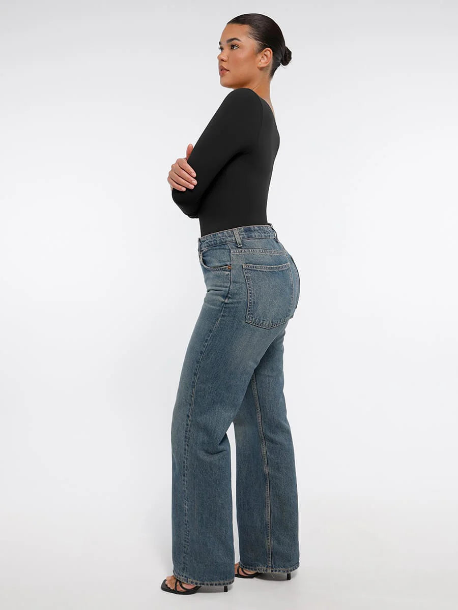 Body Modelador Sem Costuras de Manga Comprida Fio Dental