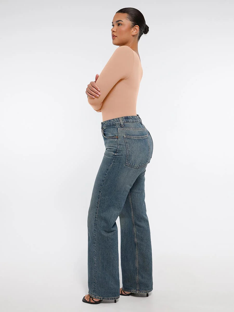 Body Modelador Sem Costuras de Manga Comprida Fio Dental