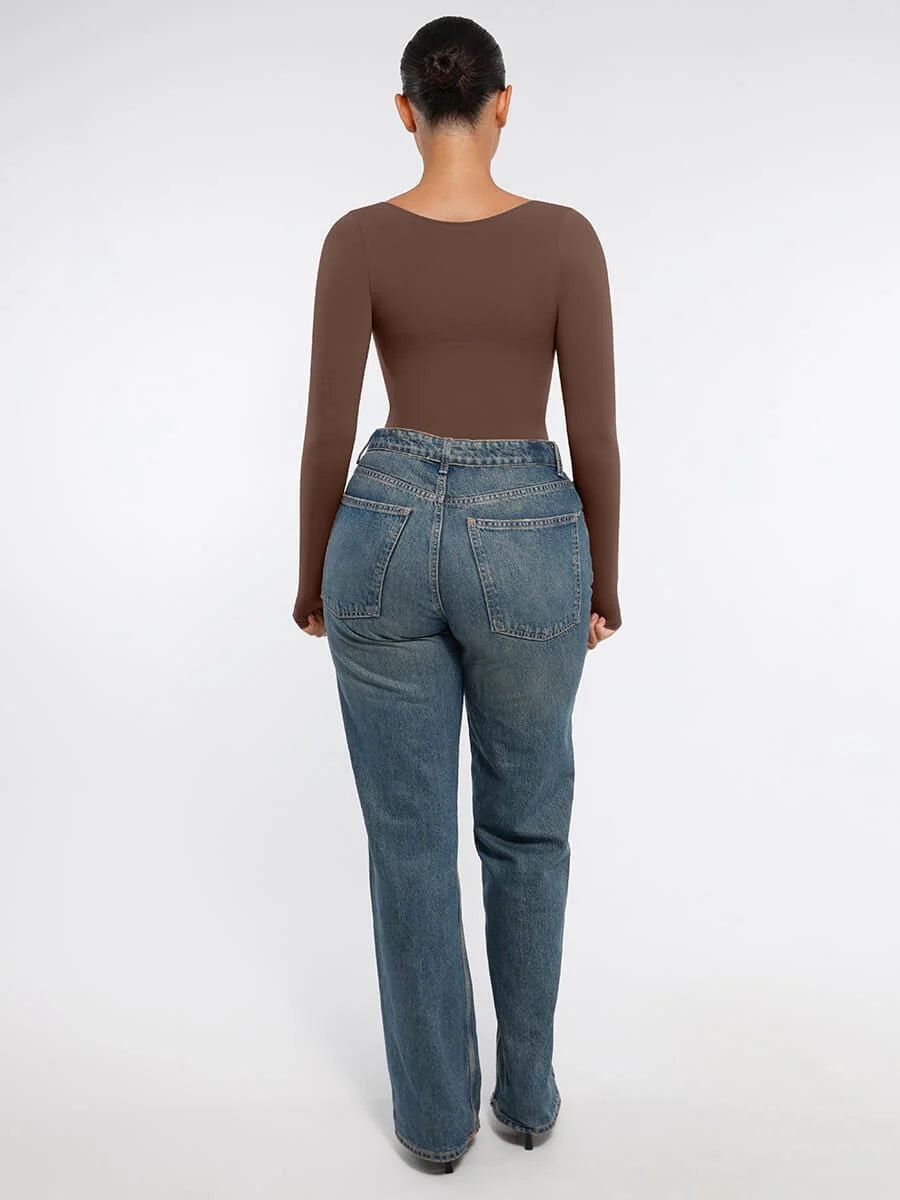 Body Modelador Sem Costuras de Manga Comprida Fio Dental