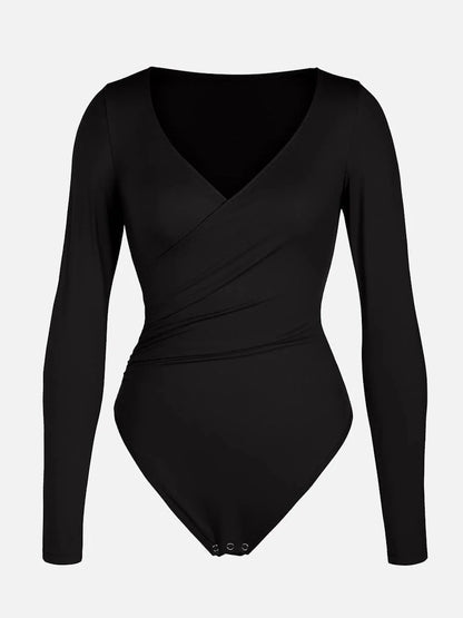 Sexy V-neck Overlapping pleated Waist and Tummy Control Antibacterial Crotch Bodysuit