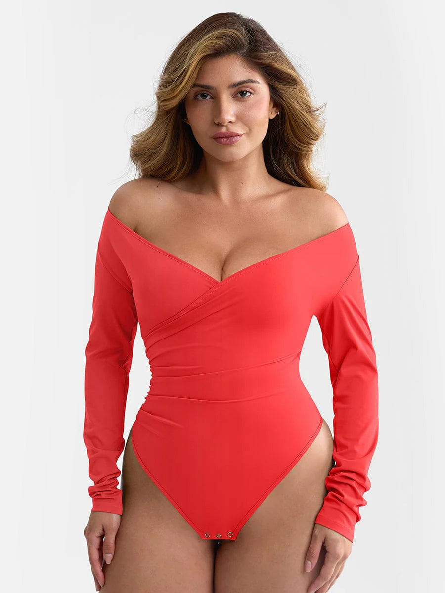 Sexy V-neck Overlapping pleated Waist and Tummy Control Antibacterial Crotch Bodysuit