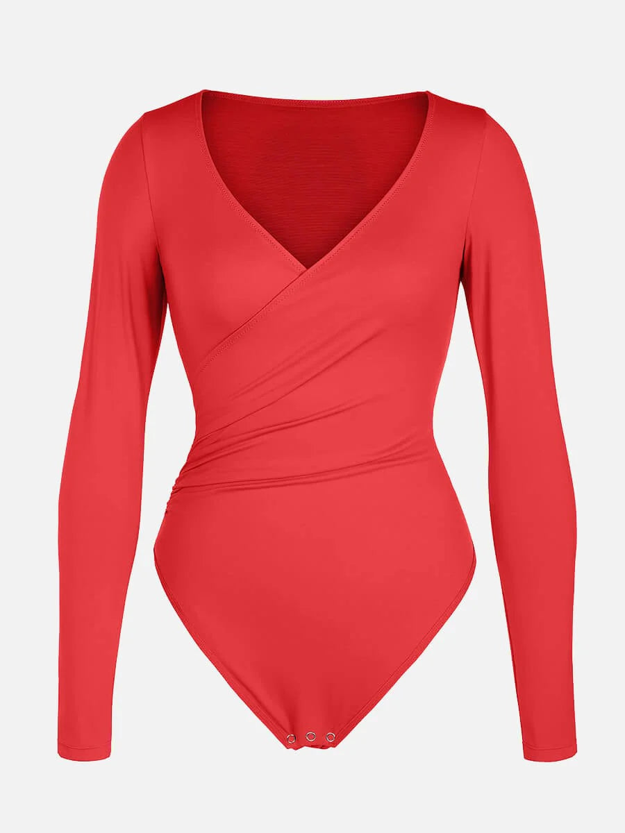 Sexy V-neck Overlapping pleated Waist and Tummy Control Antibacterial Crotch Bodysuit