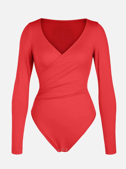 Sexy V-neck Overlapping pleated Waist and Tummy Control Antibacterial Crotch Bodysuit