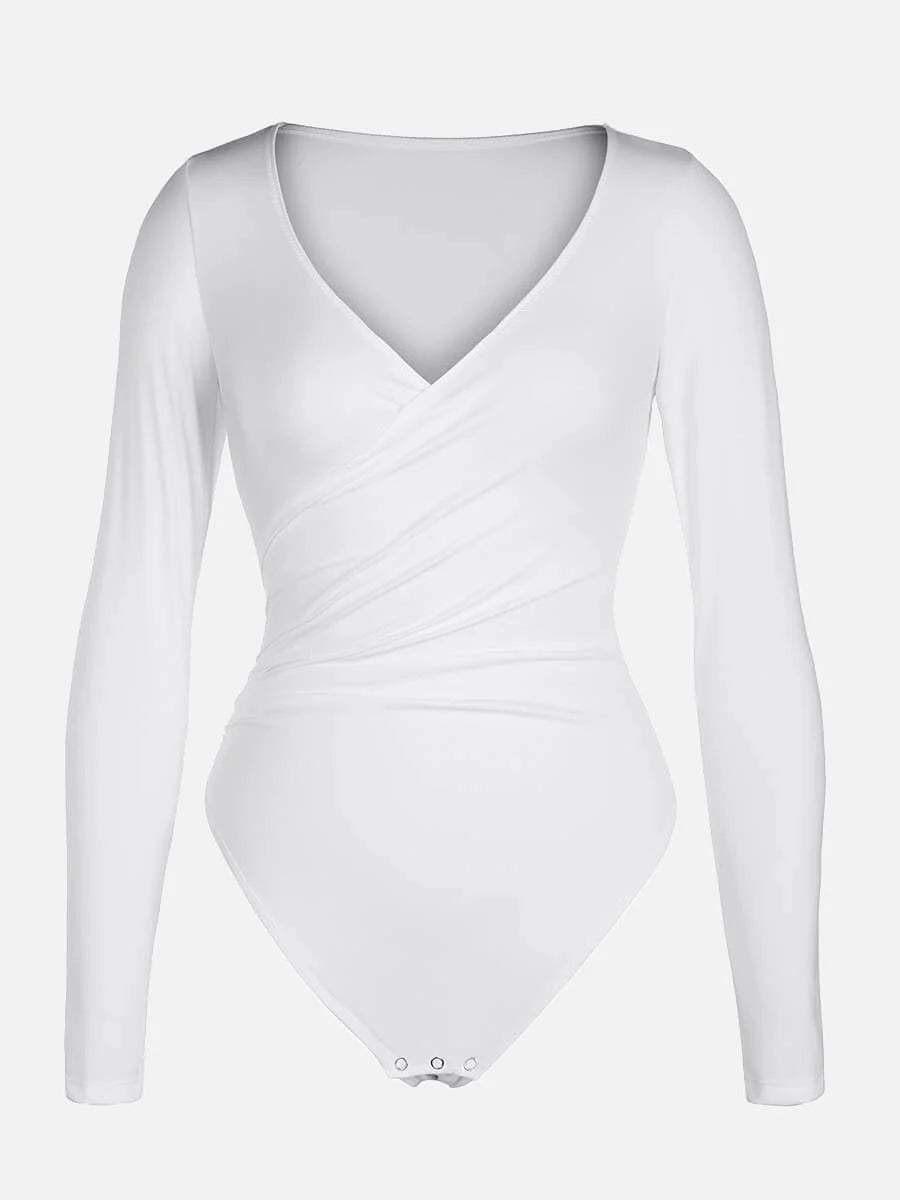 Sexy V-neck Overlapping pleated Waist and Tummy Control Antibacterial Crotch Bodysuit