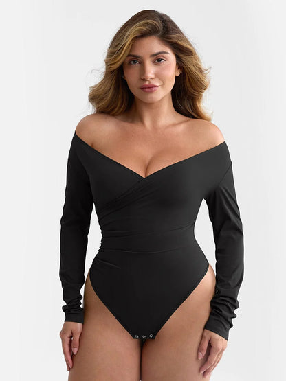 Sexy V-neck Overlapping pleated Waist and Tummy Control Antibacterial Crotch Bodysuit