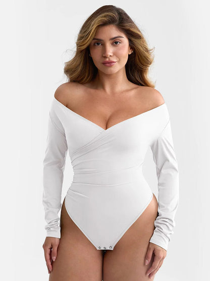 Sexy V-neck Overlapping pleated Waist and Tummy Control Antibacterial Crotch Bodysuit