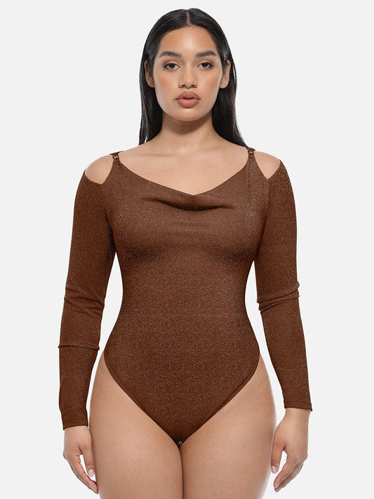 Shiny Draped Neck All In One Shapewear Bodysuit with Built In Bra and Thong Snap Crotch