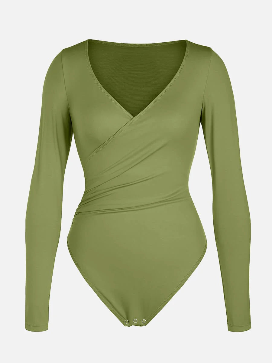 Sexy V-neck Overlapping pleated Waist and Tummy Control Antibacterial Crotch Bodysuit