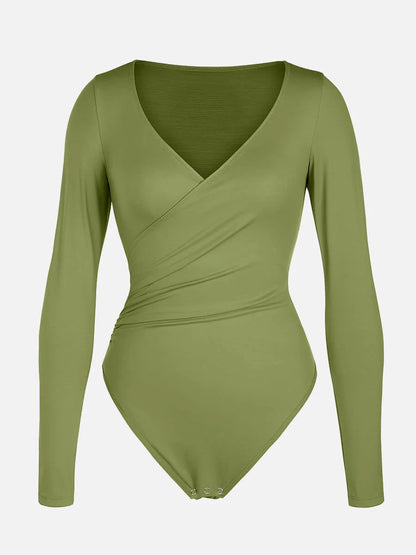 Sexy V-neck Overlapping pleated Waist and Tummy Control Antibacterial Crotch Bodysuit