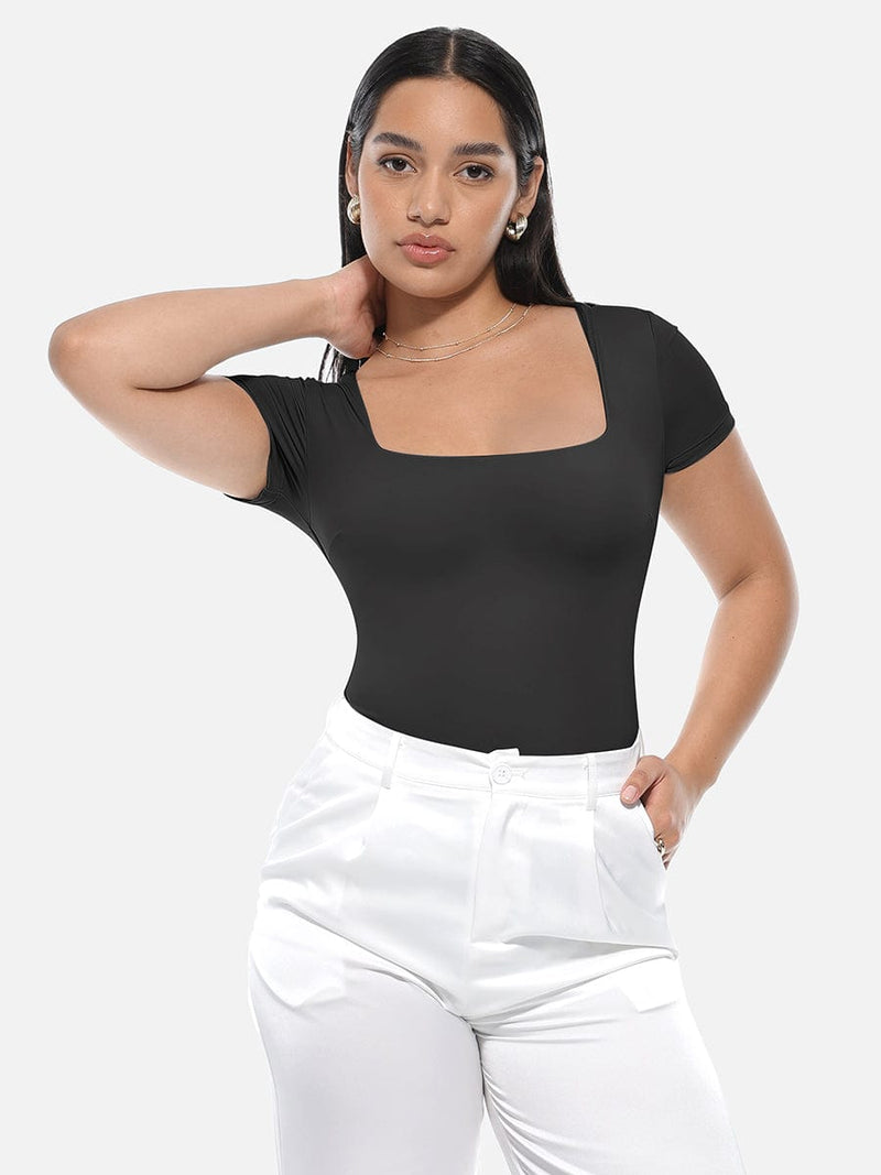 Square-Neck Short-Sleeve Tummy Control Bodysuit