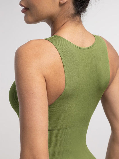 Seamless Ribbed Zip Front Sleeveless Briefs Bodysuit