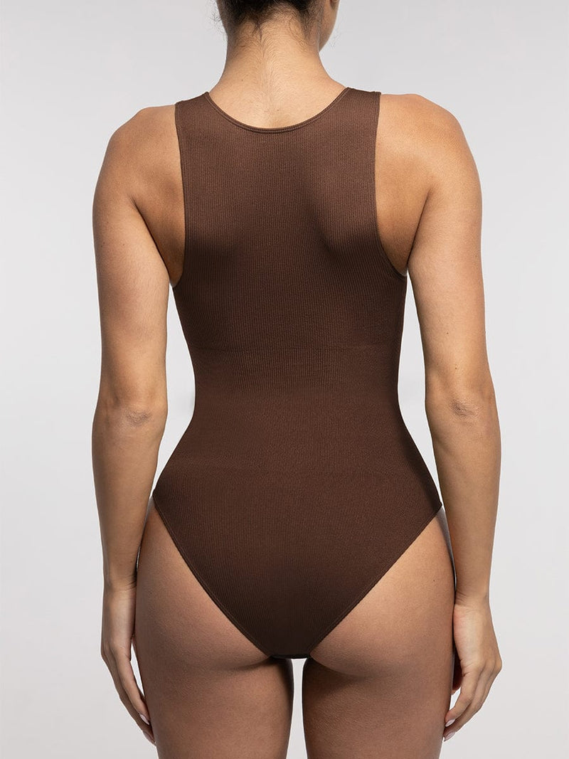 Seamless Ribbed Zip Front Sleeveless Briefs Bodysuit