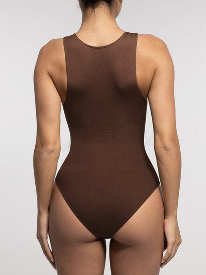 Seamless Ribbed Zip Front Sleeveless Briefs Bodysuit