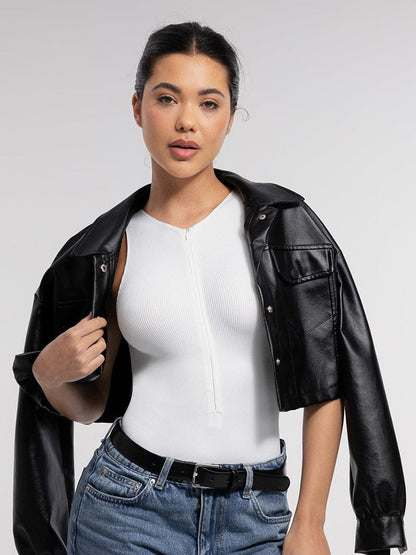 Seamless Ribbed Zip Front Sleeveless Briefs Bodysuit