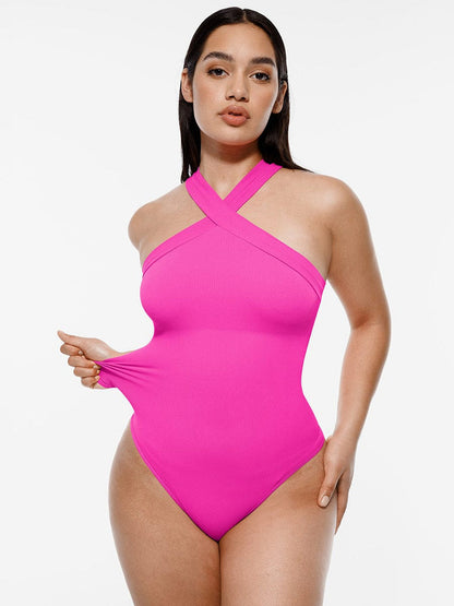 Seamless Crossover Halter Thong Bodysuit
