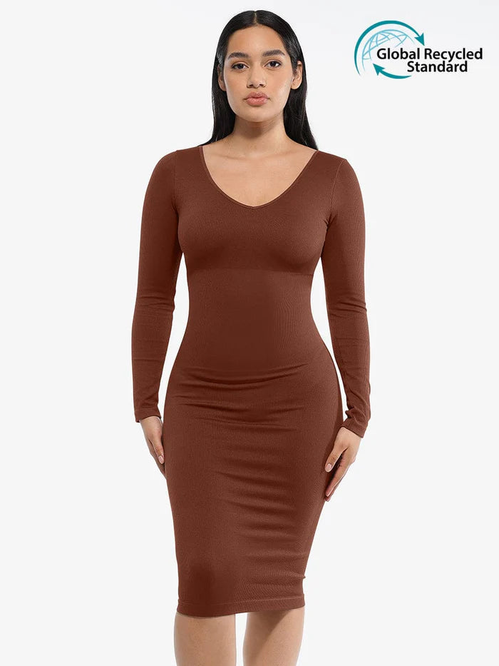 Eco-friendly Seamless V Neck Long Sleeve Waist Trimming Shaper Dress