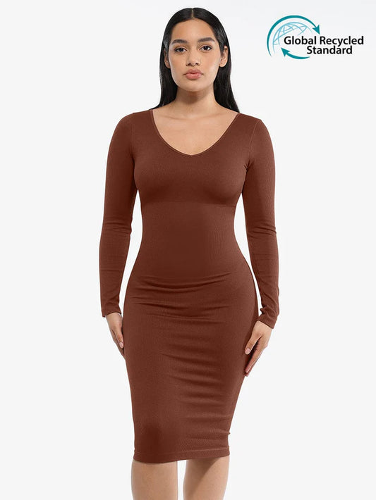 Eco-friendly Seamless V Neck Long Sleeve Waist Trimming Shaper Dress